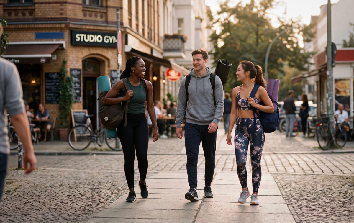 Drei Personen gehen zusammen in Sportoutfits durch die Stadt
