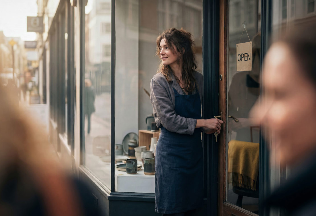 Bedriftseieråpner butikken sin.