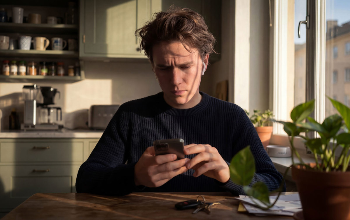 Ein Mann sitzt mit seinem Smartphone am Küchentisch und tipt auf dem Display