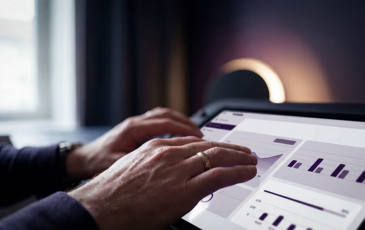 Zwei Hände tippen auf einem Tablet. Auf dem Tablet sind Daten Grafiken zu sehen