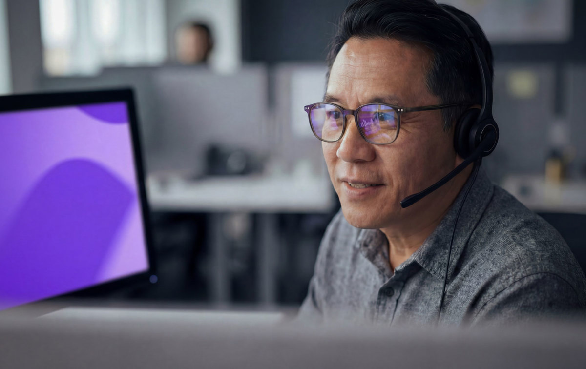 Ein Mann mit Headset sitzt vor Monitoren