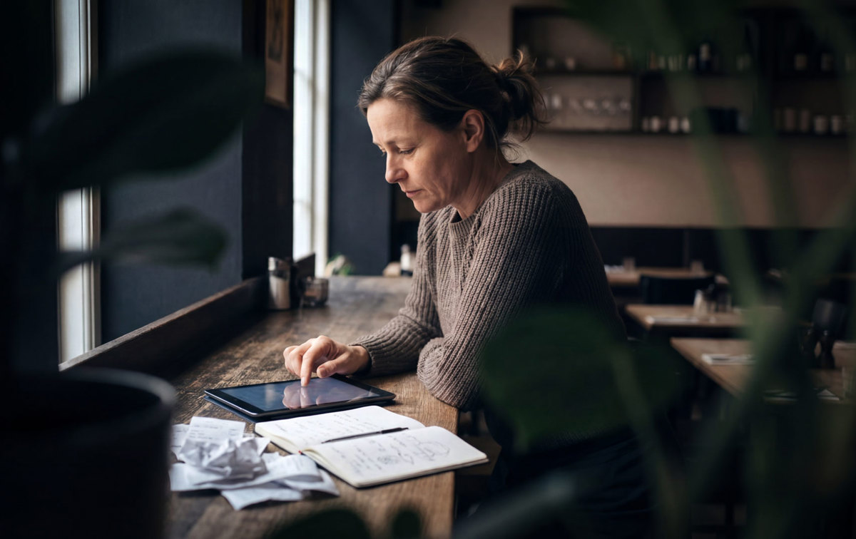 Eine Frau sitzt über ein Tablet gebeugt
