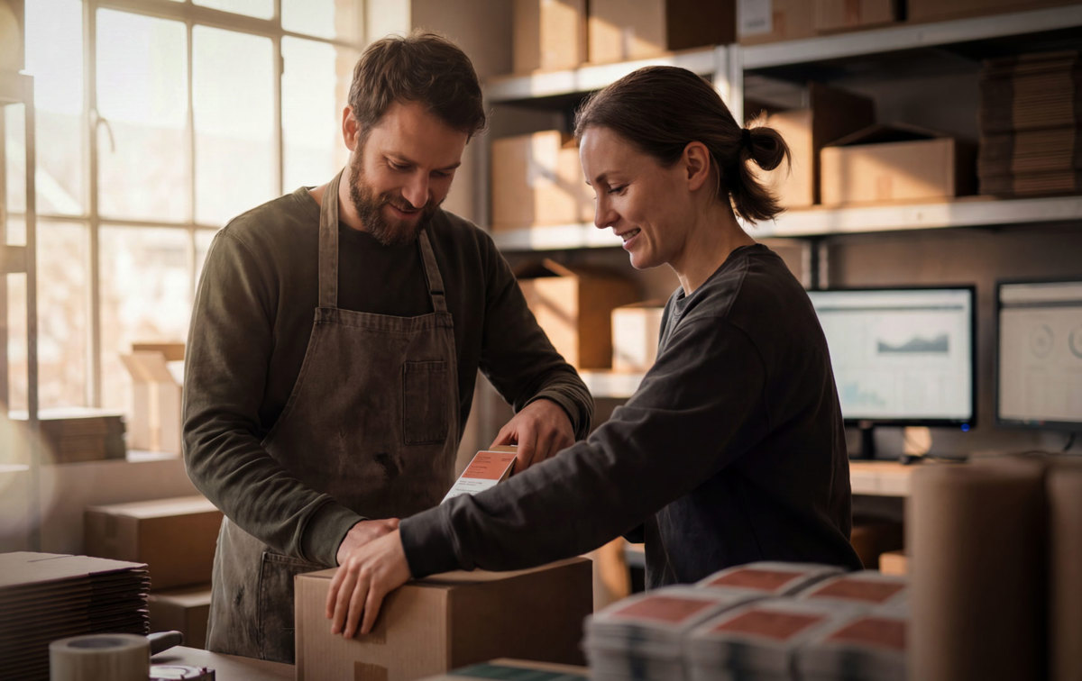 Eine Frau und ein Mann verpacken gemeinsam ein Paket